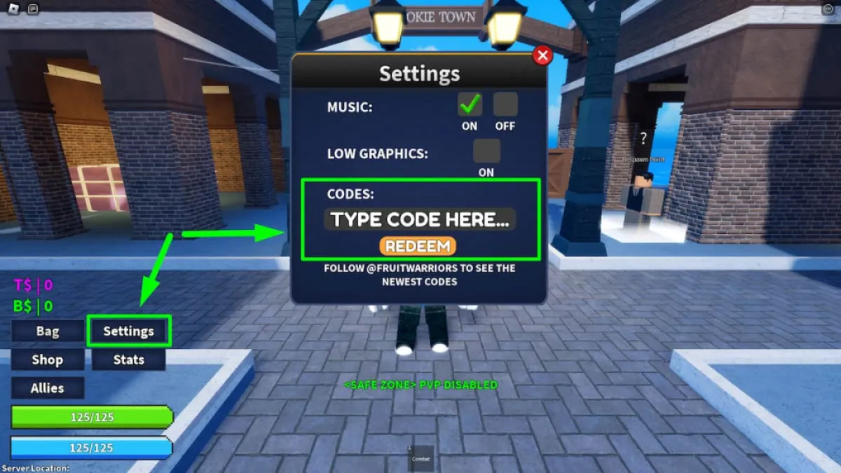 Roblox Fruit Warriors code redemption screen and instructions