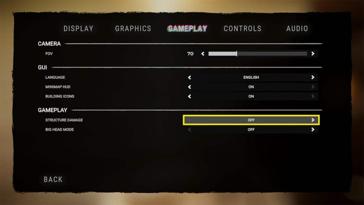 gameplay tab of the options menu, where the "structure damage" option is switched to "off"