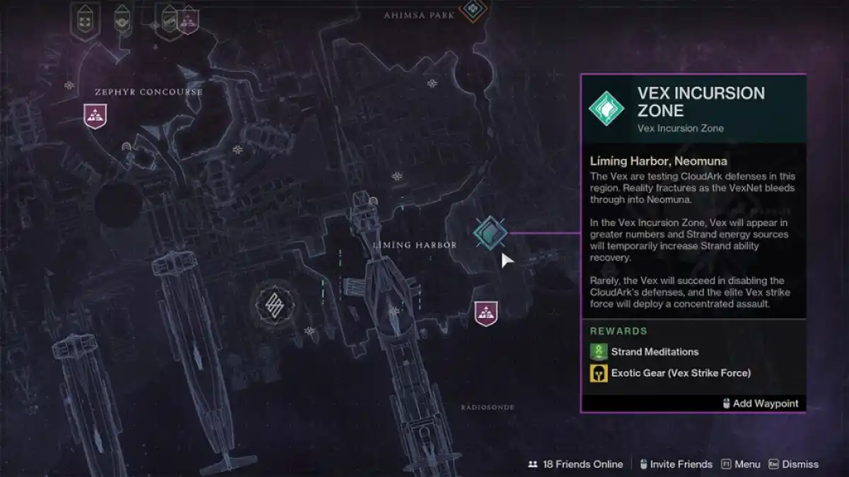 Neomuna map with the Liming Harbor area centered. The Vex Incursion Zone is currently in Liming Harbor.