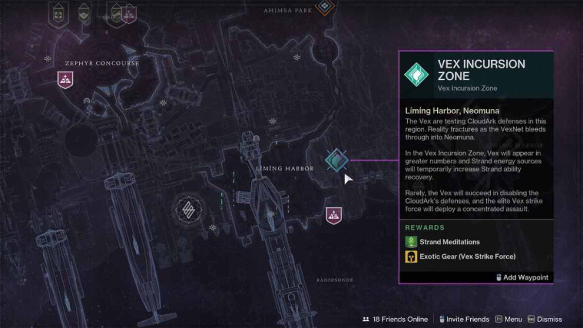 Neomuna map with the Liming Harbor area centered. The Vex Incursion Zone is currently in Liming Harbor.