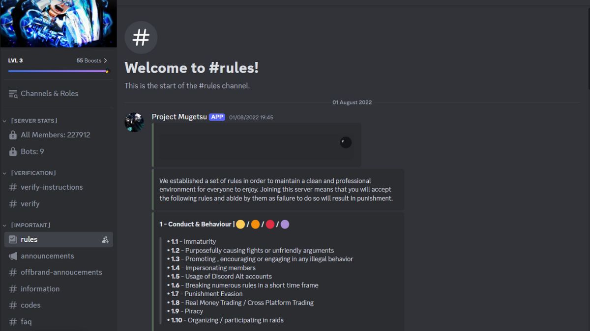 Project Mugetsu Discord Server rules channel