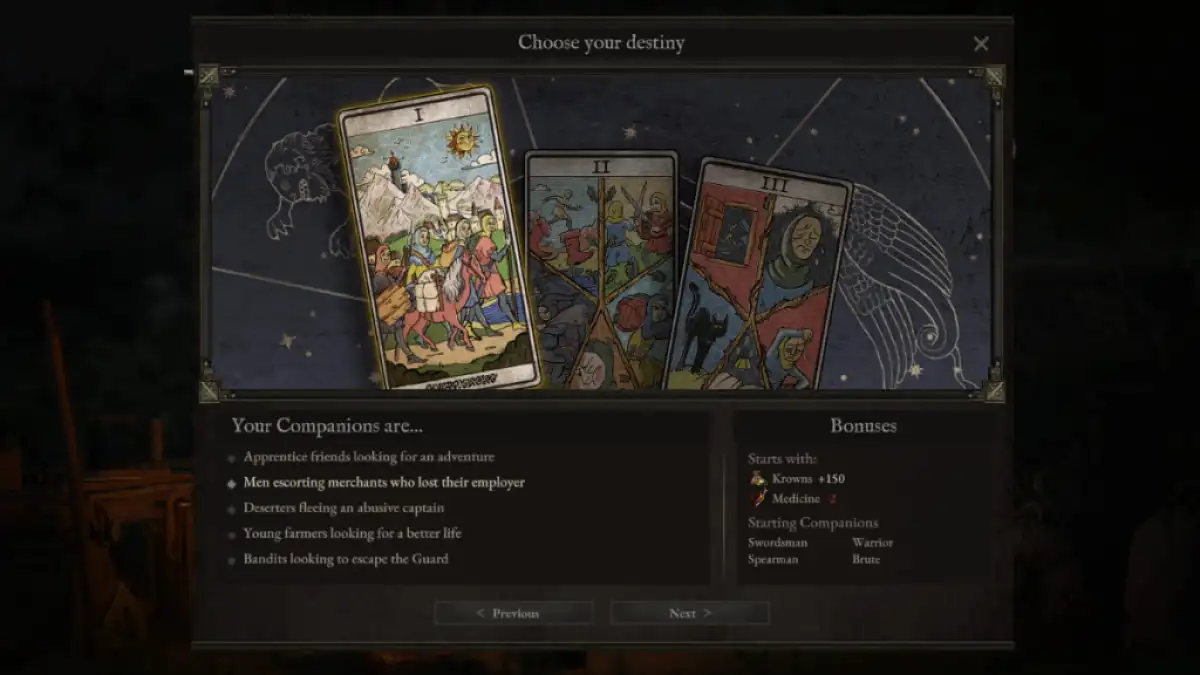 The choose your destiny screen, where you choose your starting companions in Wartales