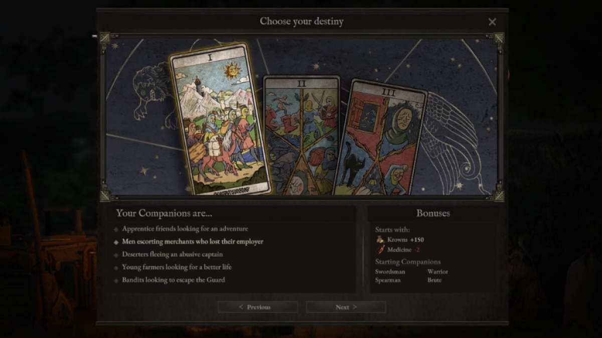 The choose your destiny screen, where you choose your starting companions in Wartales