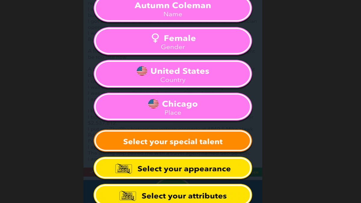 Picking Illinois as the birth place in the BitLife Character customization menu