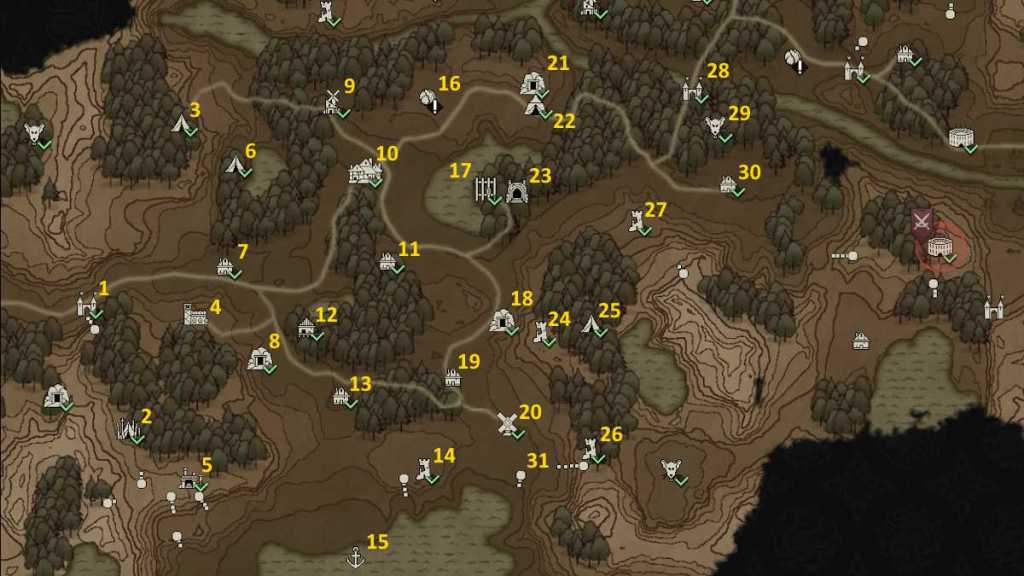 Annotated map of Tiltren County in Wartales.