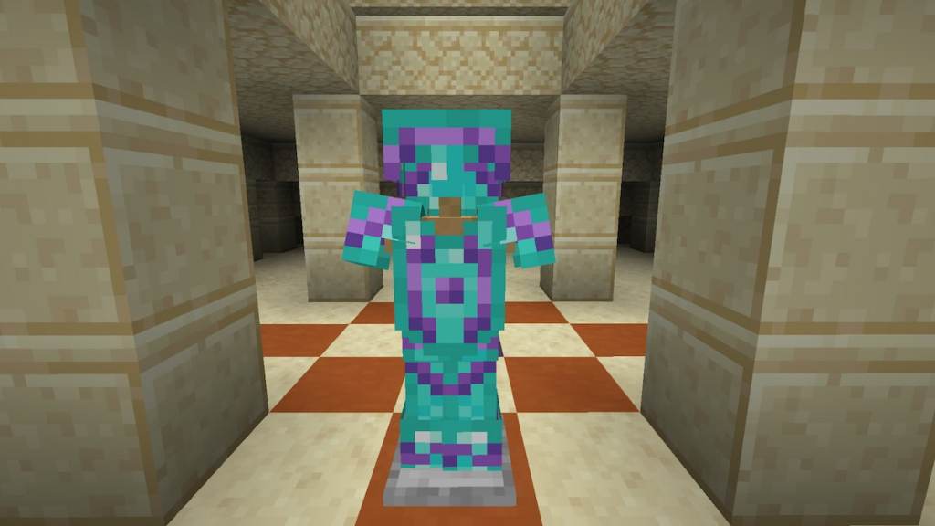 Diamond Armor using the Dune Armor Trim in a Minecraft Desert Temple