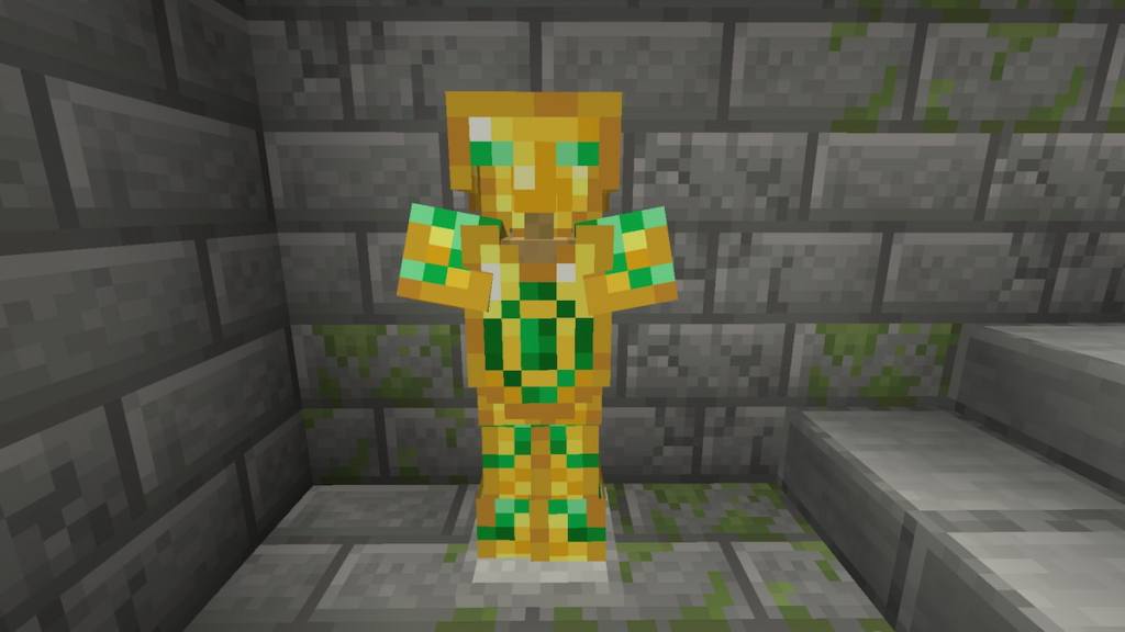 Gold Armor with the Eye Armor Trim in a Minecraft Stronghold