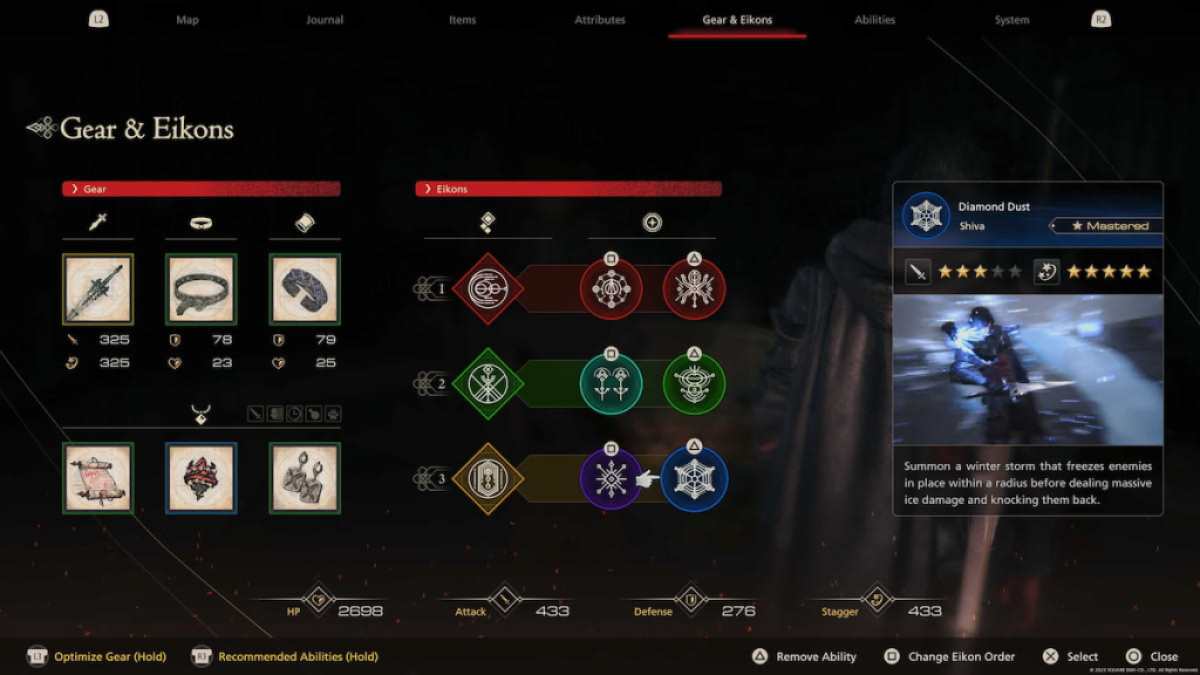 Final Fantasy 16 Gear & Eikon menu hovering on Diamond Dust