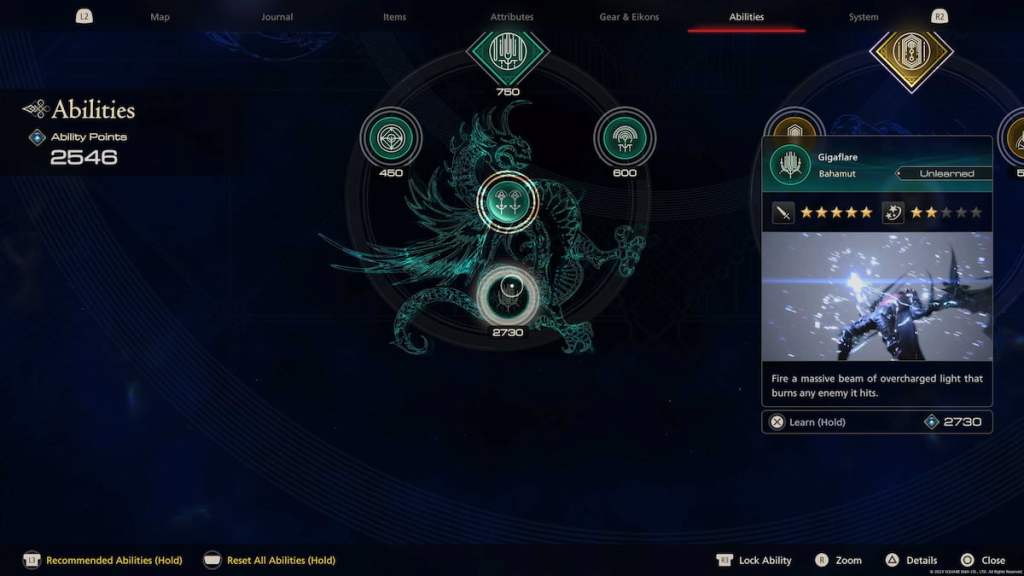 Final Fantasy 16 Abilities menu hovering  over Bahamut's skill tree