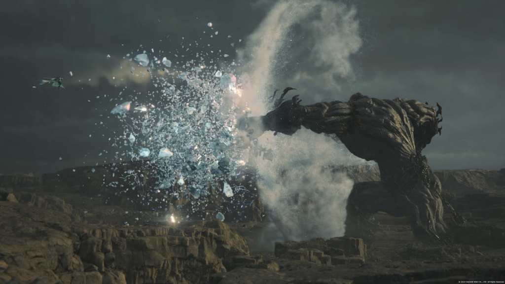 Eikon Titan shattering Shiva's ice from Final Fantasy 16 