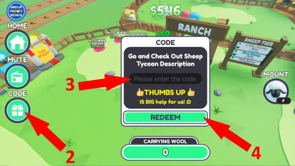 Sheep Tycoon Code Redemption Screen
