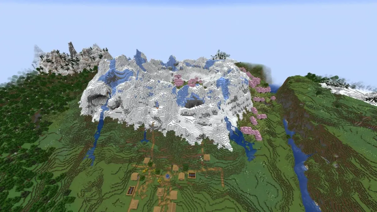 A Frozen Peaks mountain with patches of Cherry Grove biome.