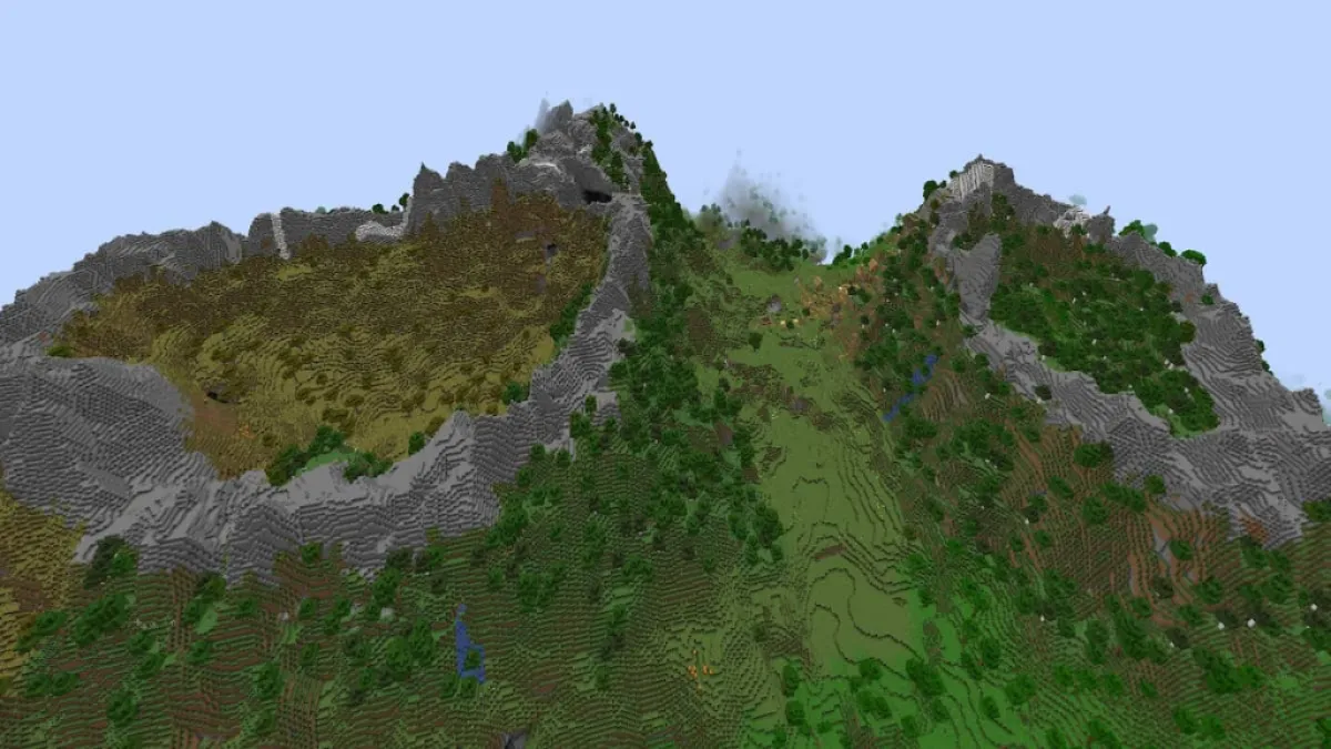 Two large Minecraft mountains containing craters with savanna and grove biomes.