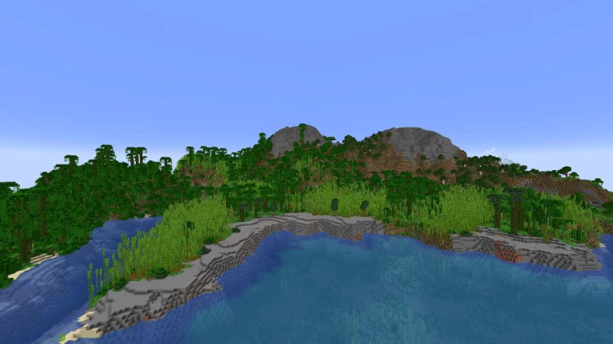 A set of stony mountains in a Minecraft jungle.