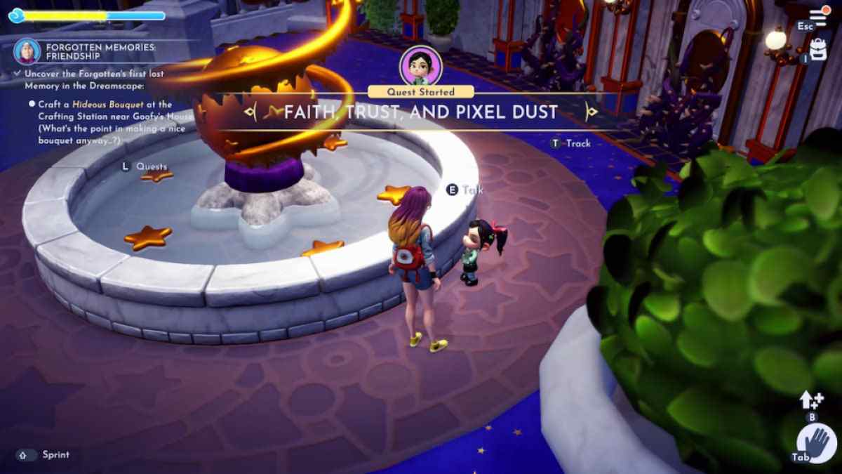 Disney Dreamlight Valley's Faith, Trust, and Pixel Dust quest begins with talking to Vanellope inside the Dream Castle beside the fountain.