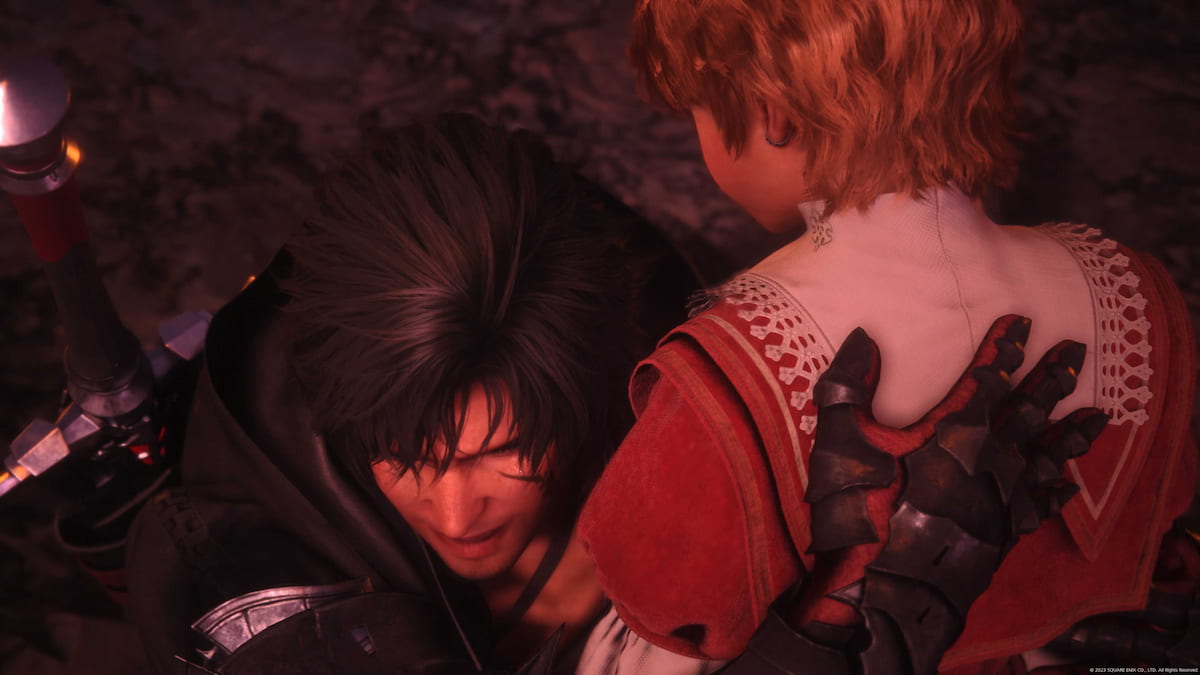 An older Clive hugging a young Joshua in Final Fantasy 16