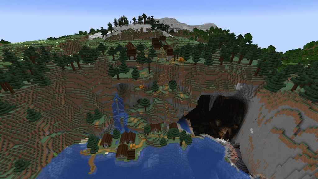 A lakeside Taiga Village with a waterfall and a nearby Dripstone Cave.