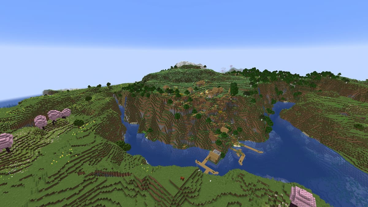 A Meadow hill with a Plains Village in the middle of a river.