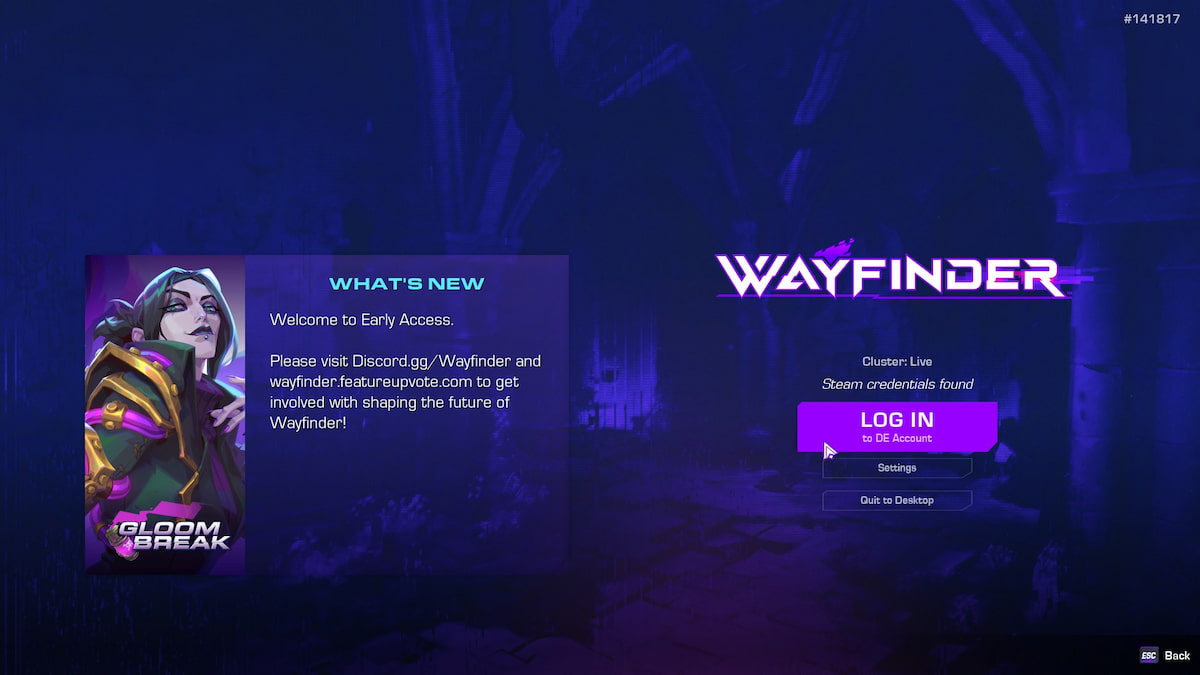 Wayfinder Login screen - Steam credentials found, Log In to DE Account