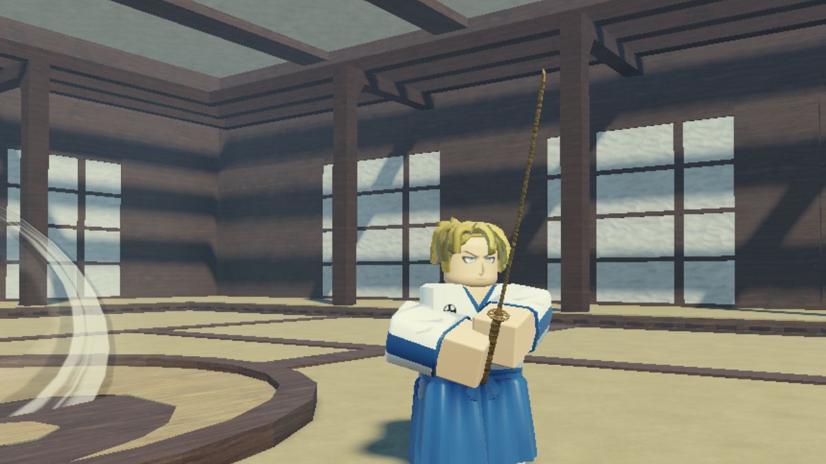Character wielding sword in dojo in Peroxide Roblox
