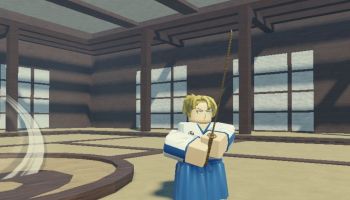 Character wielding sword in dojo in Peroxide Roblox