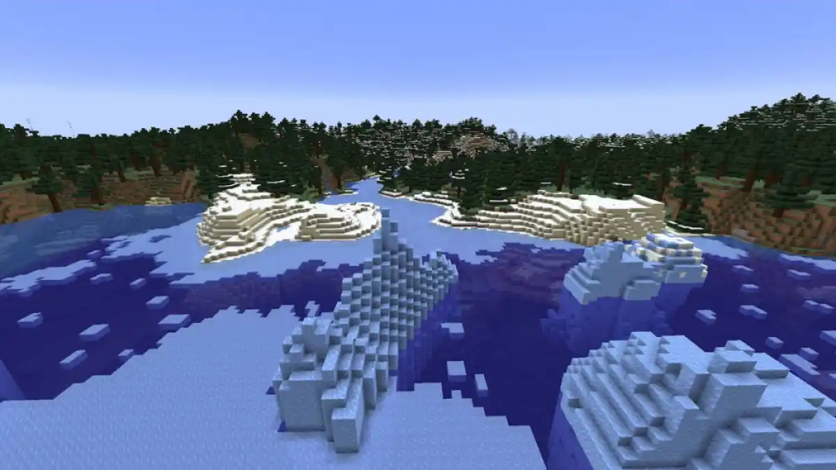 Snowy Beaches near a Frozen Ocean in Minecraft.