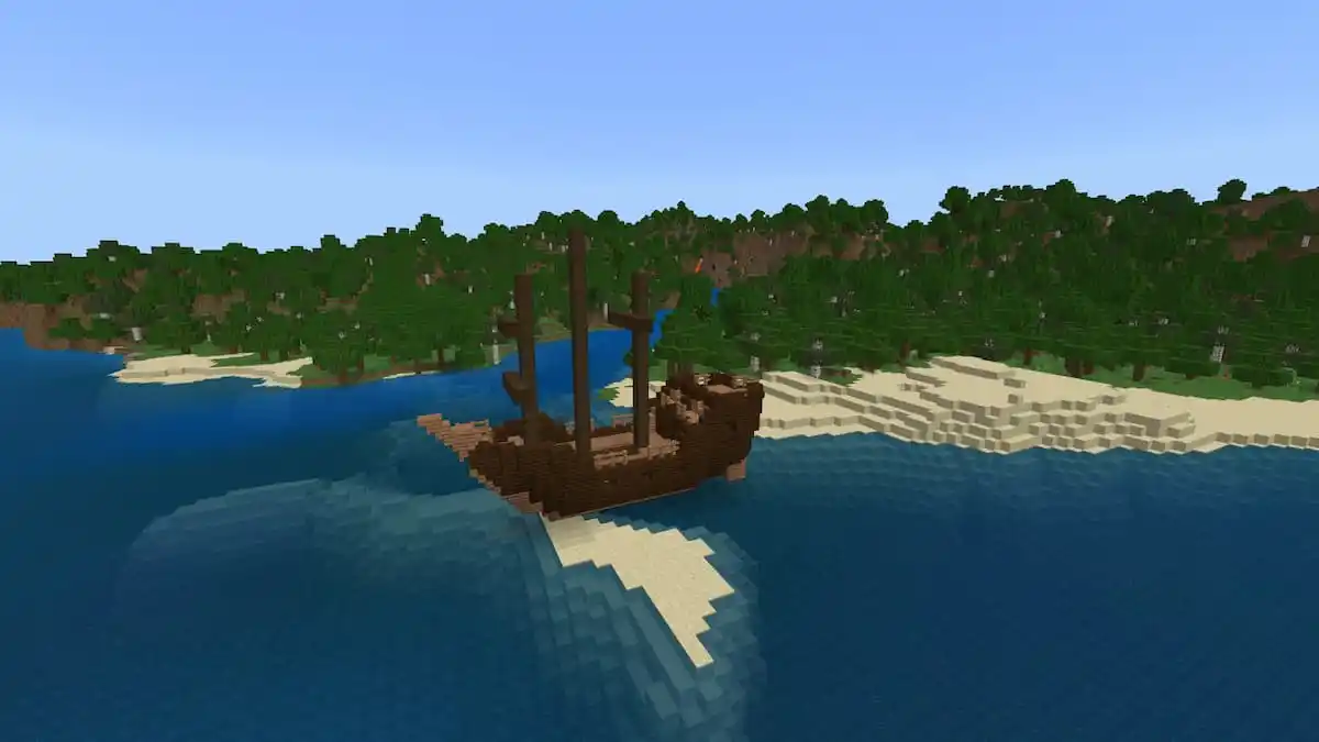 A beached Shipwreck at the edge of a forest.