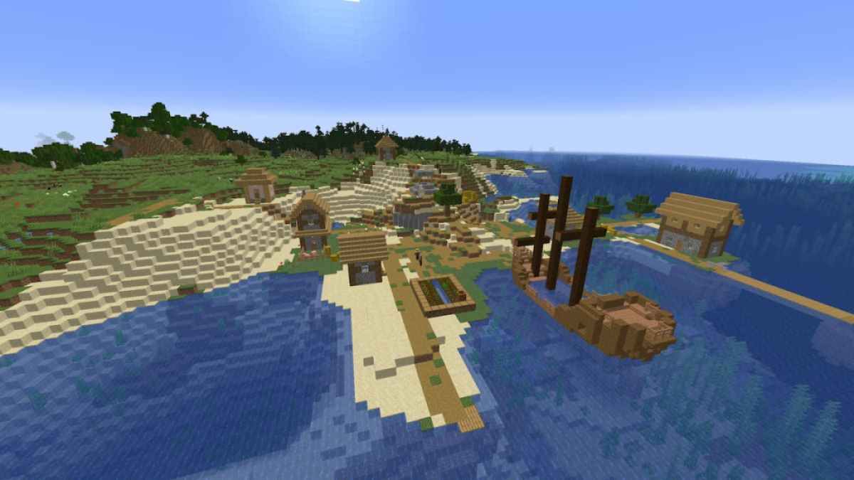 A Minecraft Plains Village with a shipwreck in front of it.