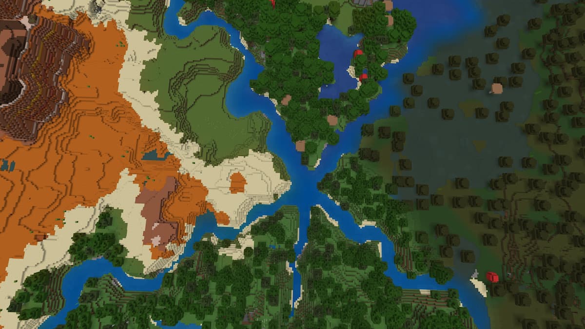 A river extending in five directions with Badlands, Desert, Dark Oak, Swamp, and Plains biomes.
