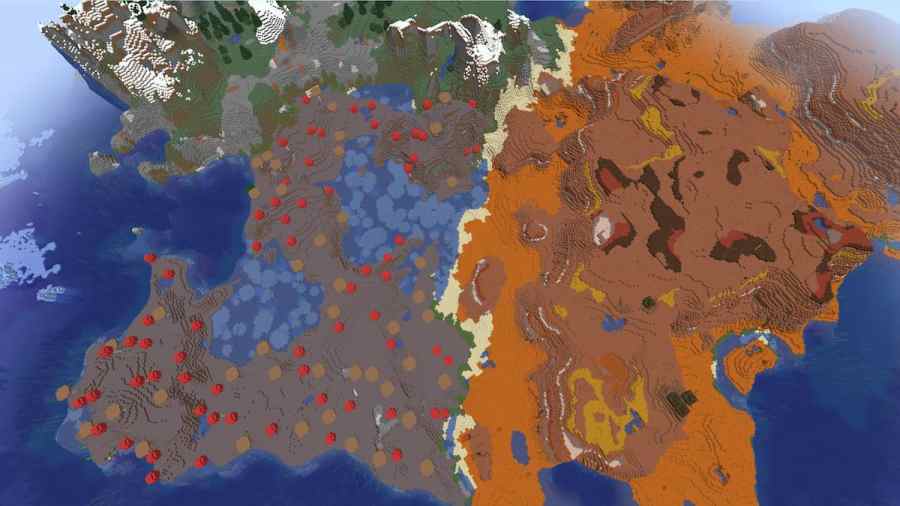 A Mushroom Island next to a Badlands mesa and a Windswept Taiga.