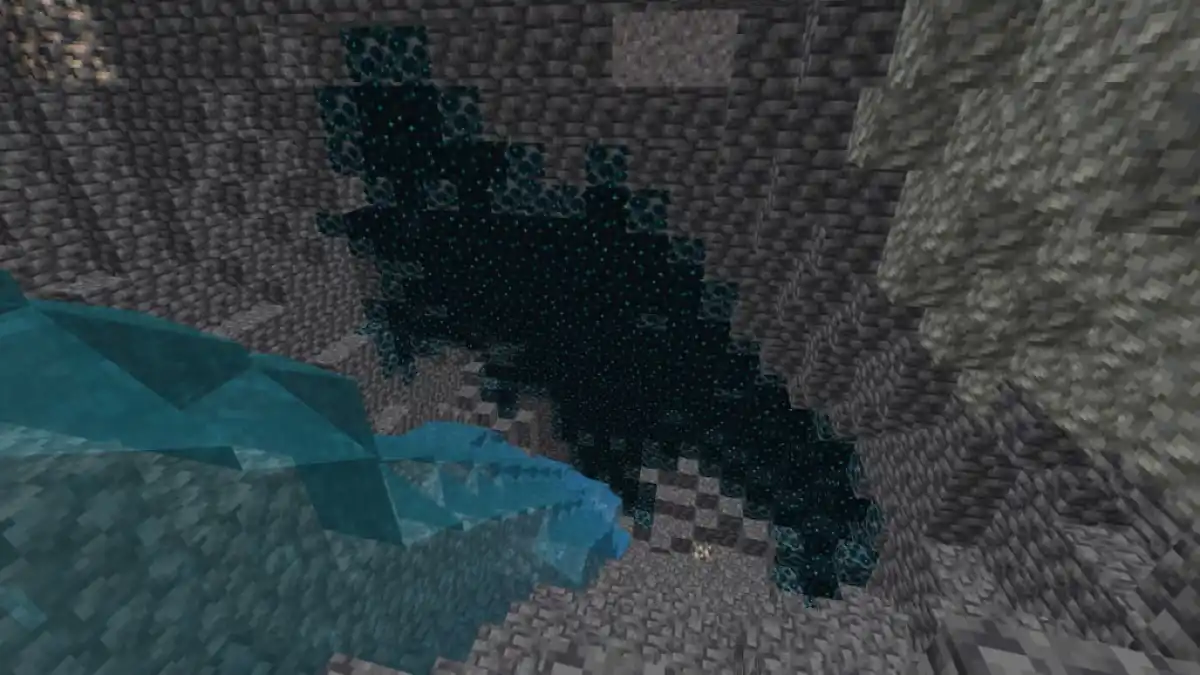 A patch of Deep Dark biome next to a large waterfall.