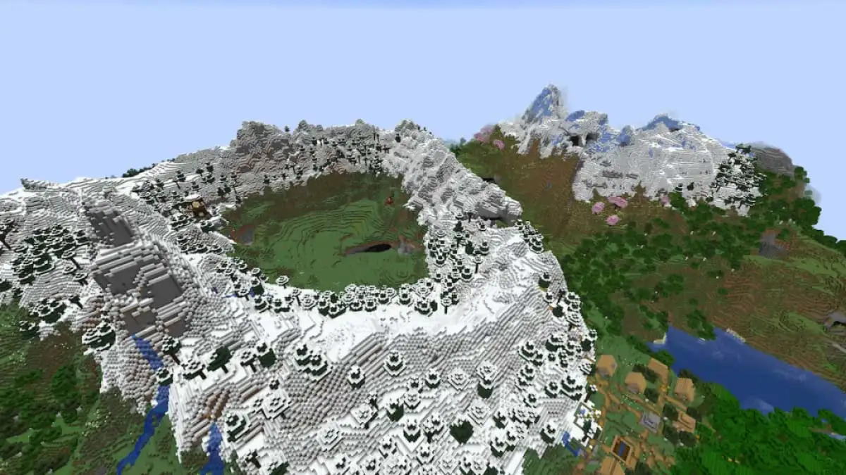 A snow-covered mountain with a Meadow in the crater that is home to a group of Pillagers.