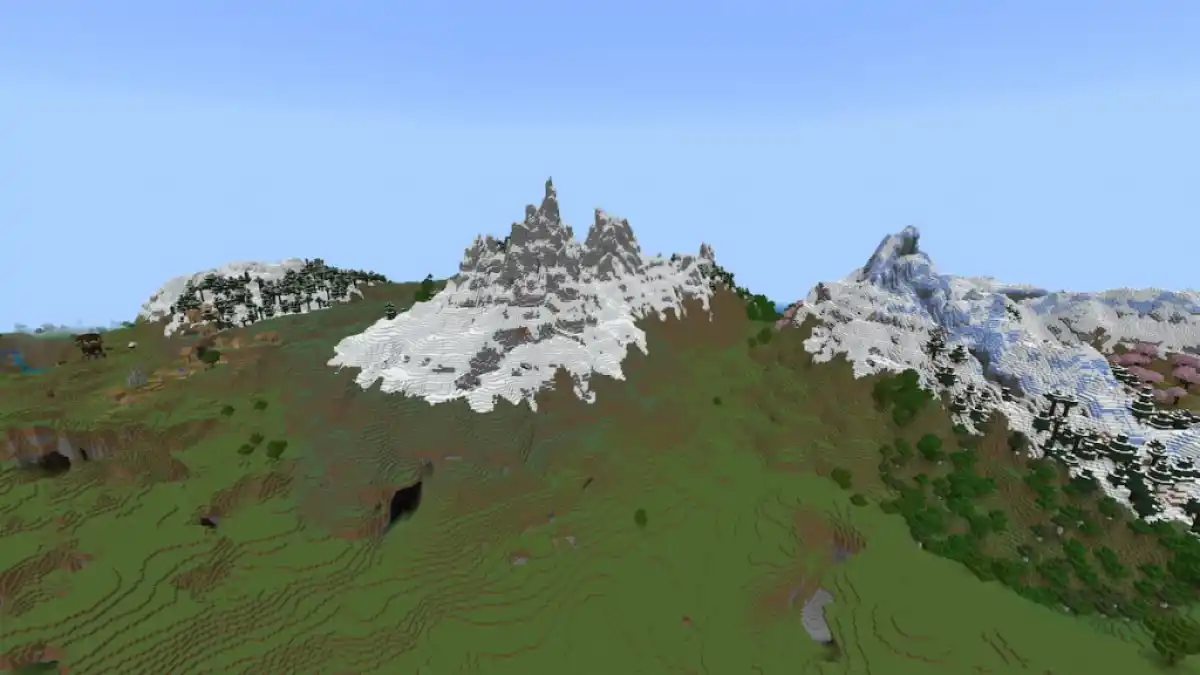 A large Plains biome containing a few mountains in Minecraft.