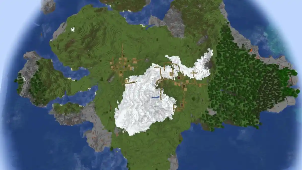 A giant survival island with a small forest, a snowy mountain, and two Plains Villages.