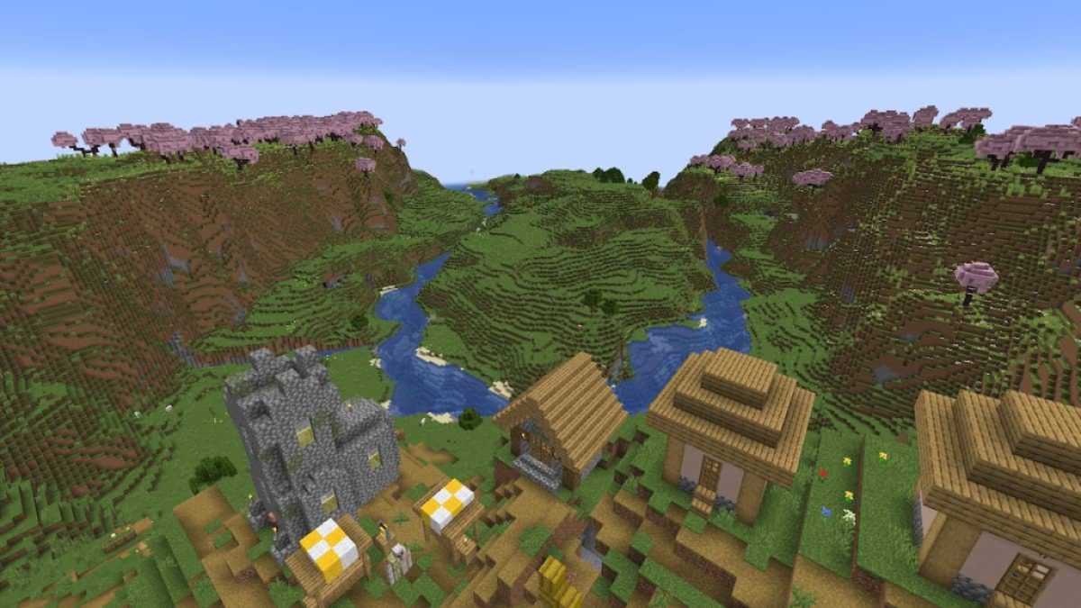 A Plains Village on a Meadow Mountain with Cherry Groves in the distance.