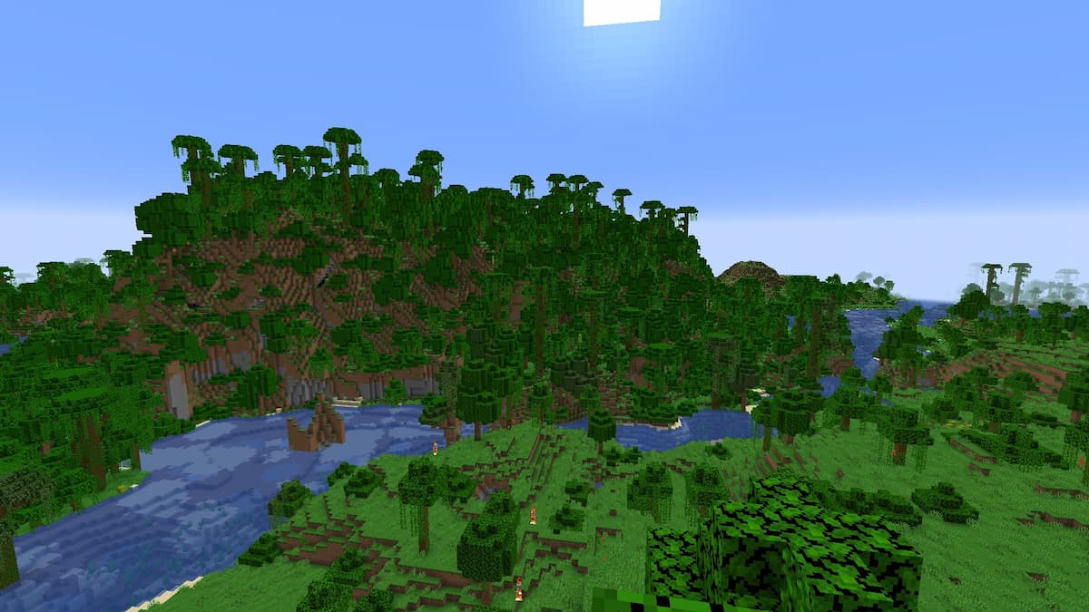 A Minecraft seed with a Jungle, a Sparse Jungle, and a Bamboo Jungle in a small area.
