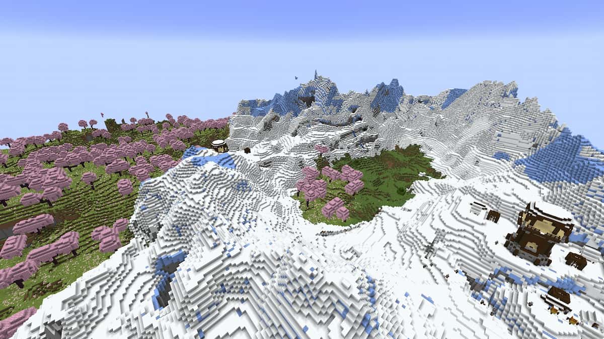 A Cherry Grove on a  snowy mountain with a Pillager Outpost.