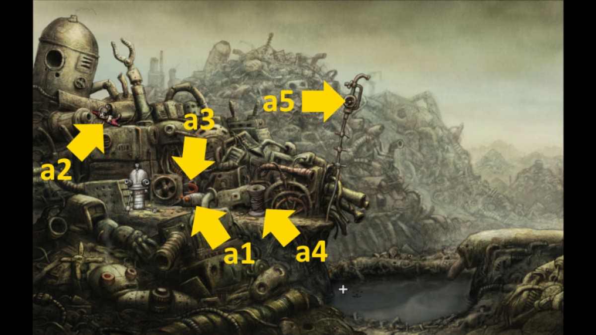 Machinarium walkthrough screenshot of the scrapyard item locations
