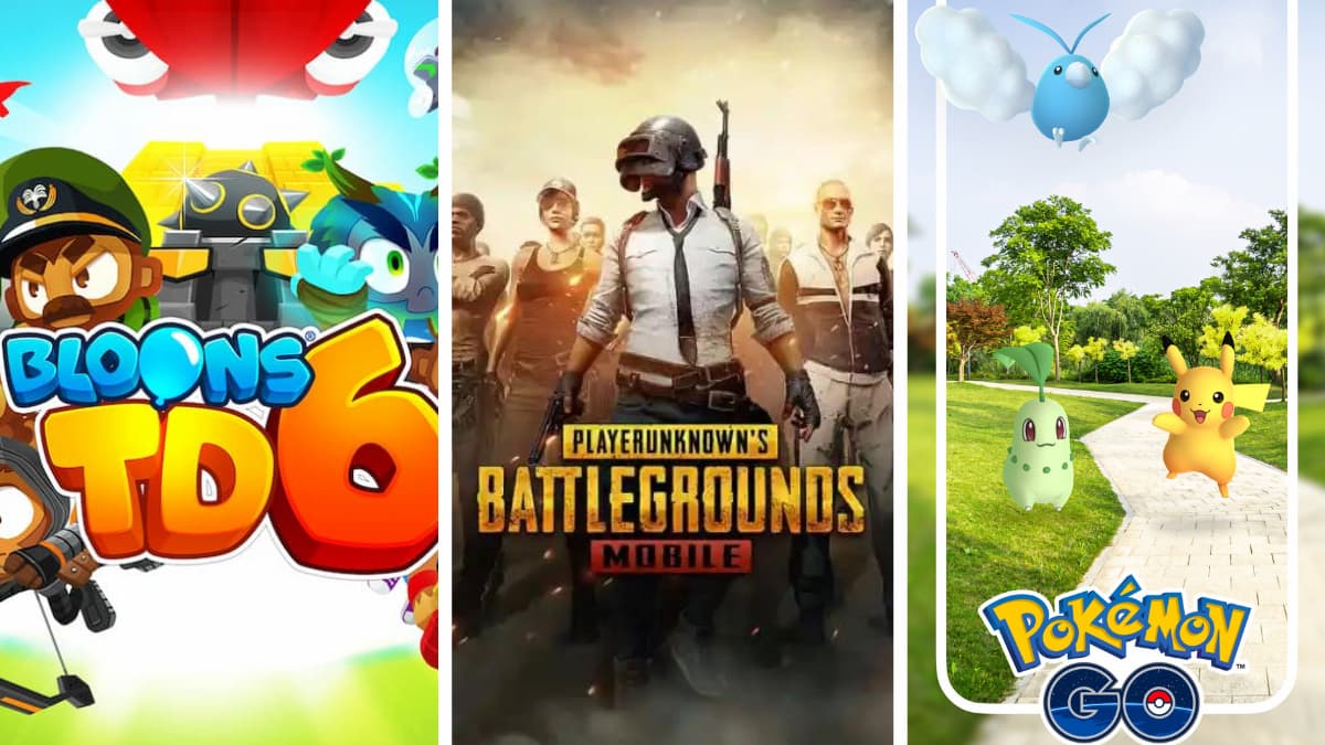 A collage of the Bloons Tower Defense 6, PUBG, and Pokemon Go mobile games
