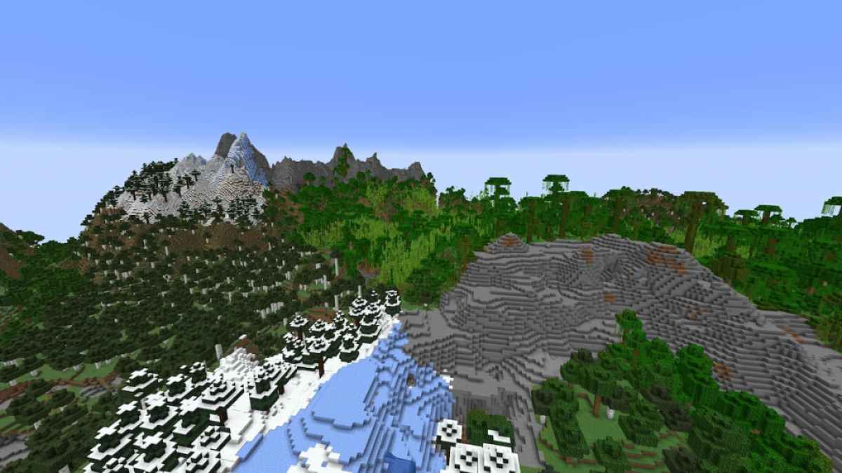 A Minecraft landscape with Bamboo Jungles, Icy mountains, and more.