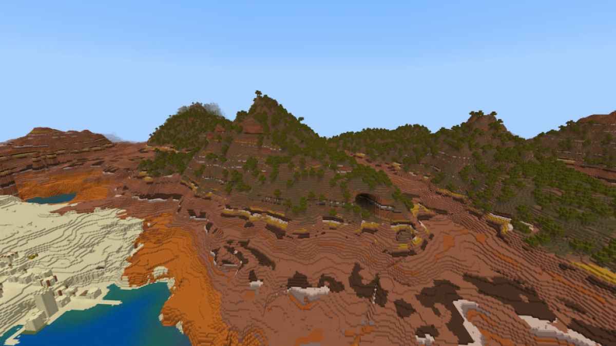 A Minecraft seed starting in a Wooded Badlands.