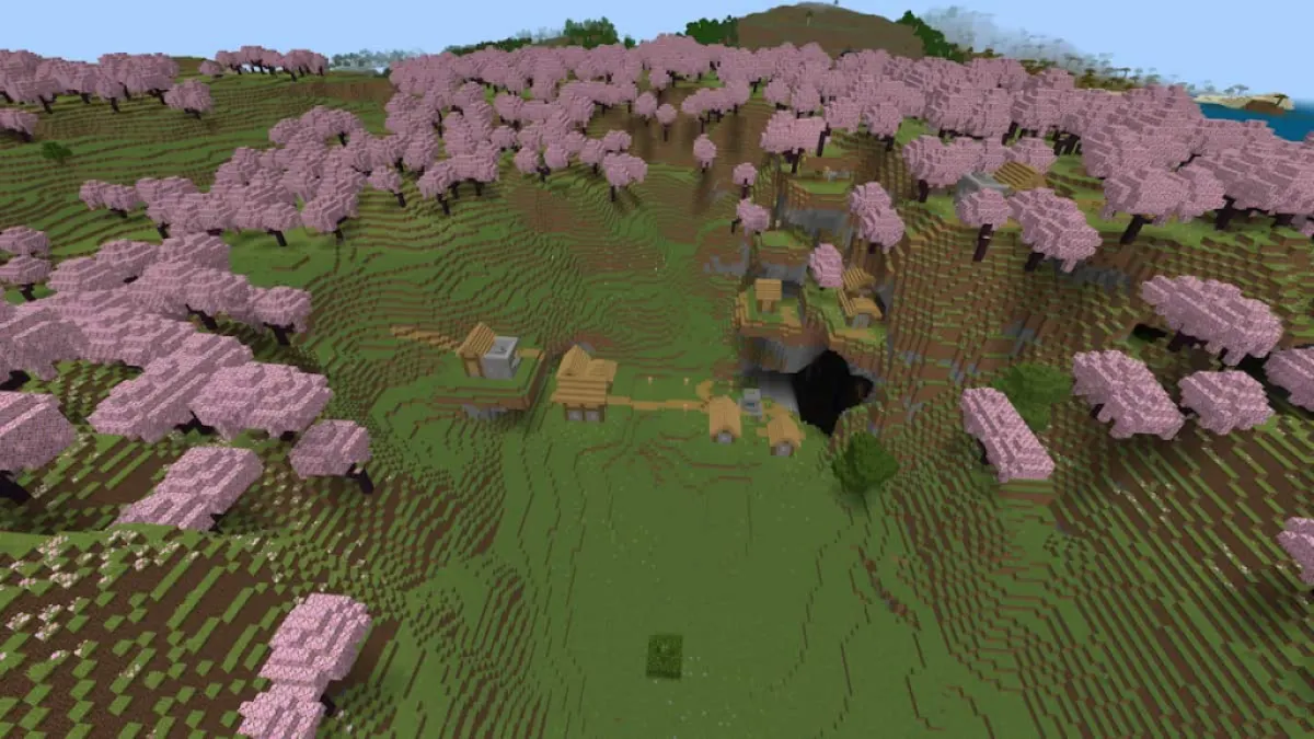 A Plains Village in a crater surrounded by a Cherry Grove biome.