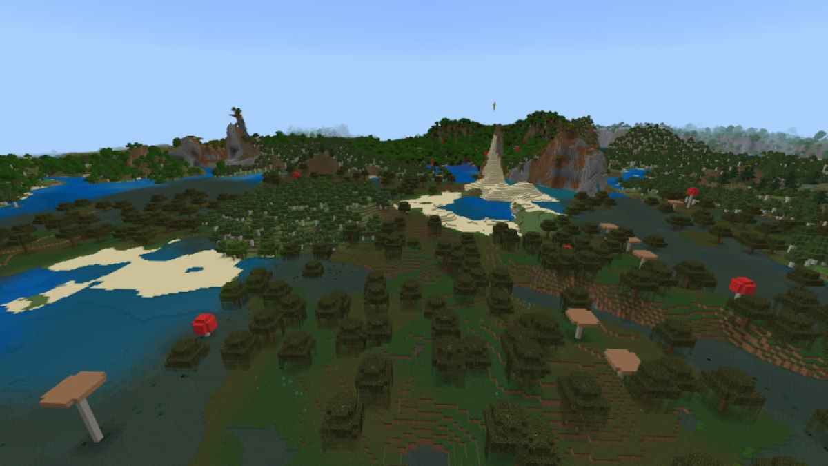 A Minecraft swamp with lots of water and tall mushrooms.