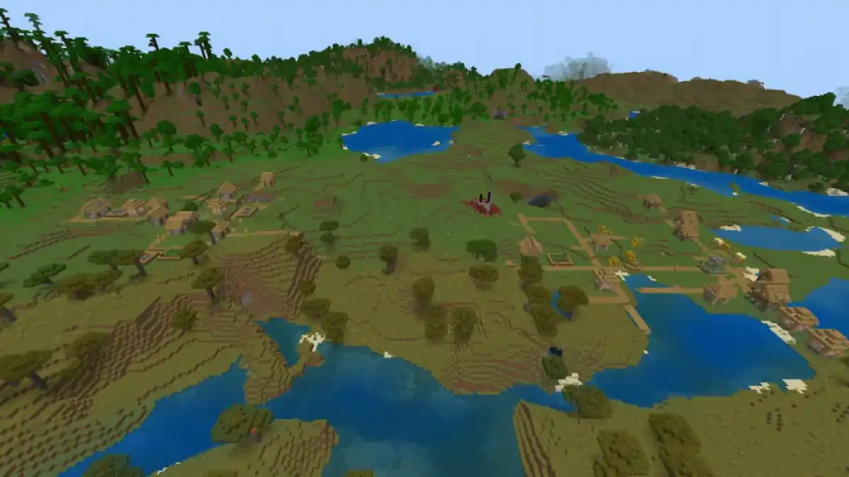 A Minecraft seed with two Plains Villages, a zombified Plains Village, and several ruined portals.