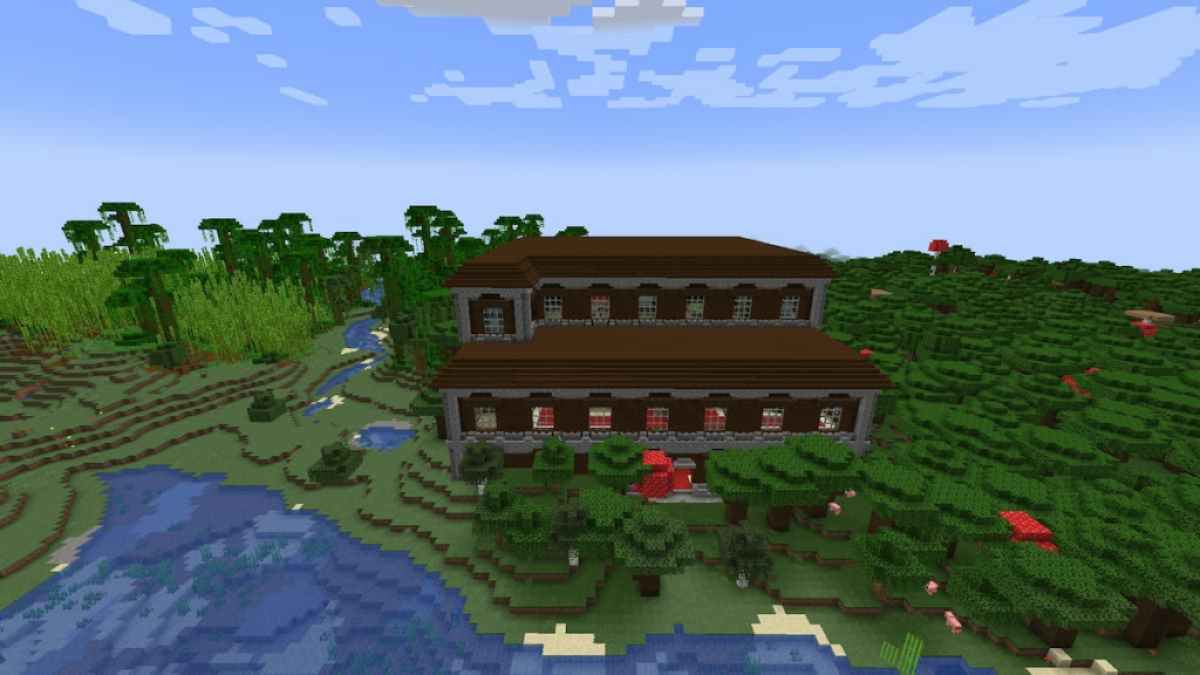 A Minecraft Woodland Mansion next to a Bamboo Jungle biome.