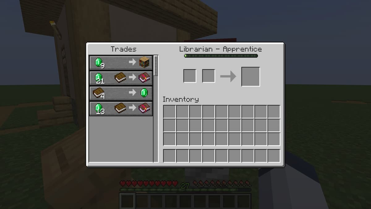 A Librarian Villager trading Enchanted Books in Minecraft.