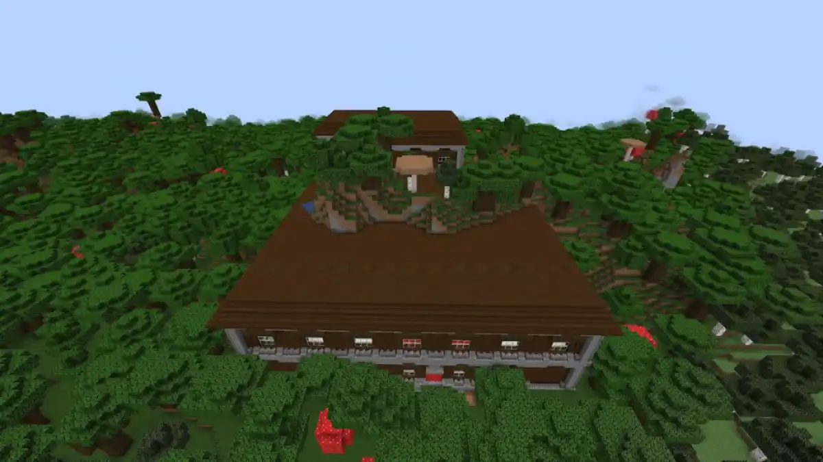 A Minecraft Woodland Mansion that has combined itself with a nearby hill.