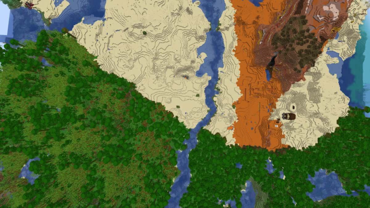 A seed split between a Jungle and a combination of Desert and Badlands biomes.
