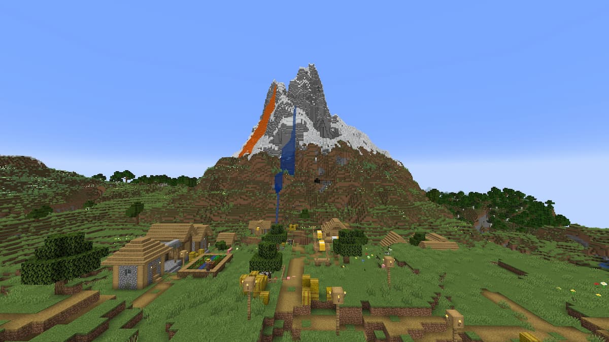 A volcano with lava and waterfalls in next to a Plains Village.