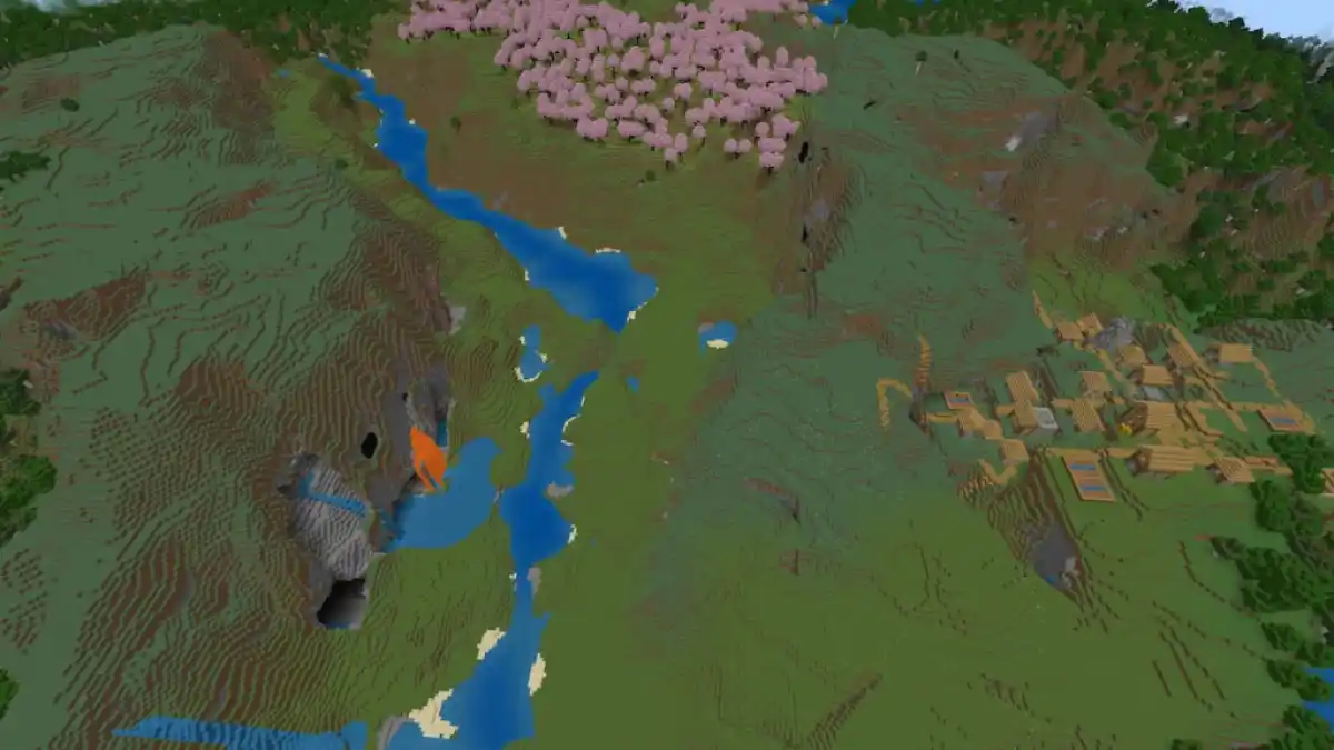 A Minecraft seed with a Plains biome, a Plains Village, a Cherry Grove, and a Meadow in close proximity.